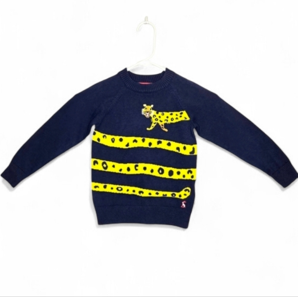 Joules Wrap-around Leopard Crew Neck Sweater. Navy/yellow. Size 4 Years.
